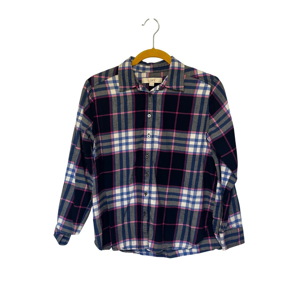 LOFT Petites Navy Blue Pink Plaid Flannel Button Down 100% cotton SP